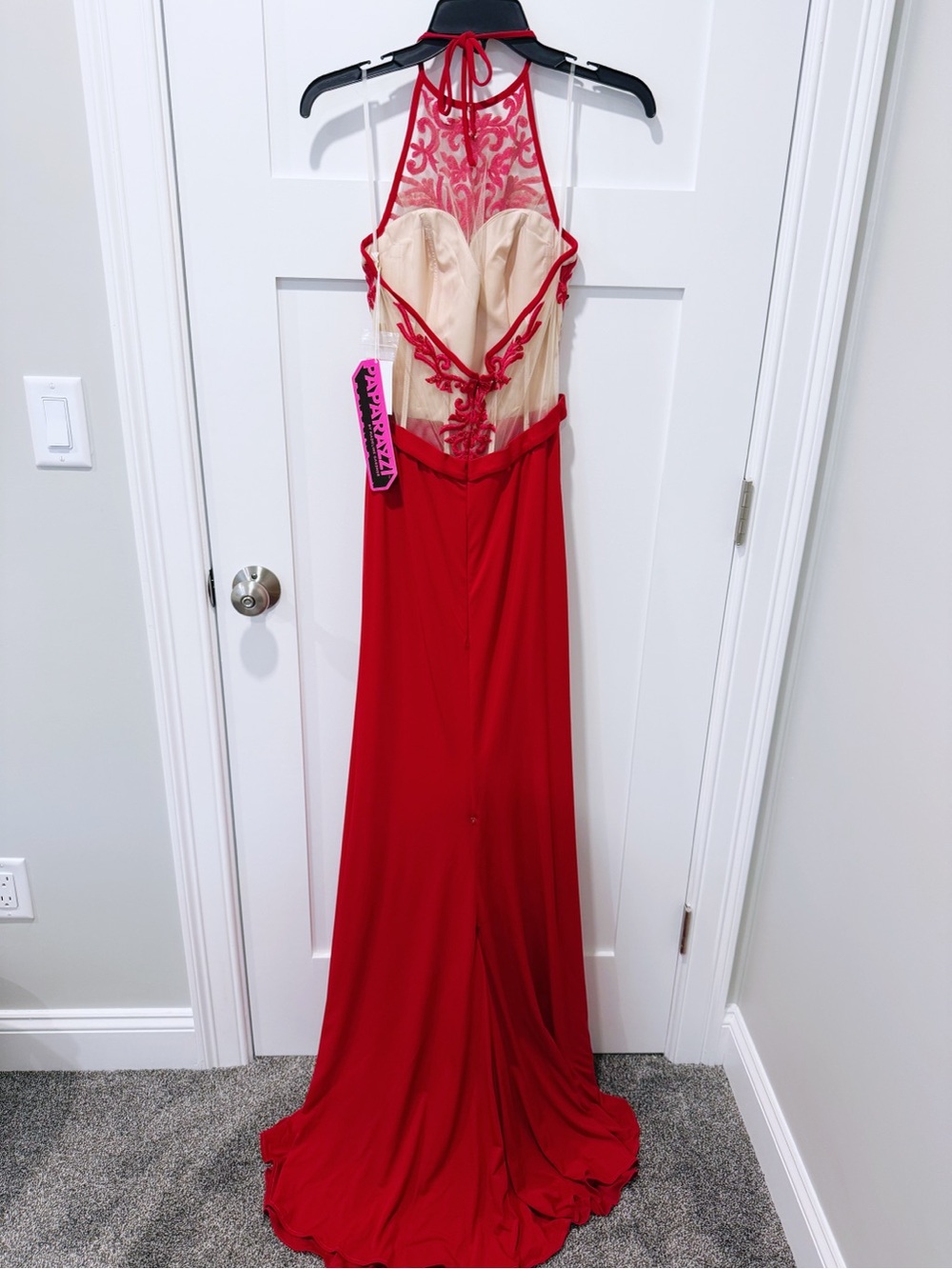 Morilee Paparazzi Lace Halter Prom Maxi Dress in Red - Picture 6 of 13